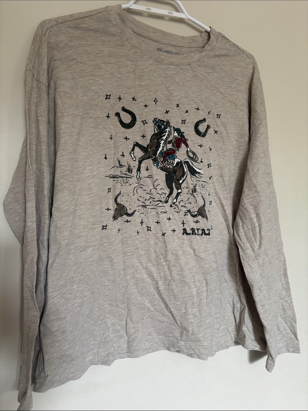Ariat Light Gray Long Sleeve Tee with Black and Teal Cowboy Graphic